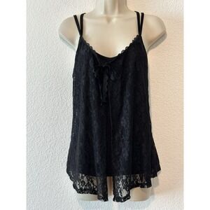 Cosmic Aura Black Tank‎ Lace Overlay Tie Top Size L Fairy Whimsigoth Boho Dainty